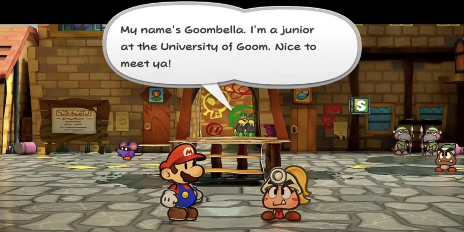 GOombella se apresenta a Mario no Paper Mario: The Mil Year Door do Nintendo Switch.