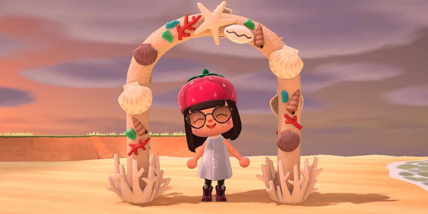 Os jogadores ficam abaixo de um Shell Arch em Animal Crossing New Horizons.