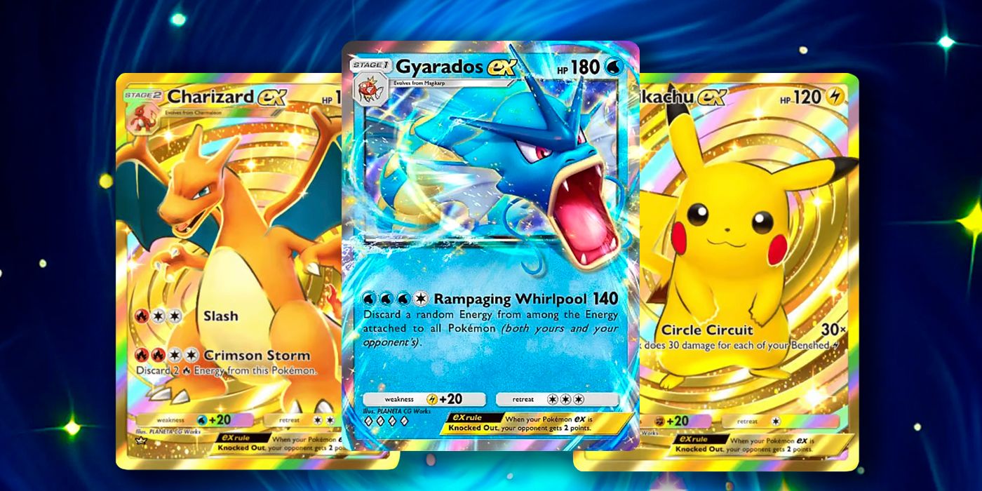 Pikachu ex, Gyrados ex and Charizard cards from Pokemon TCG Pocket