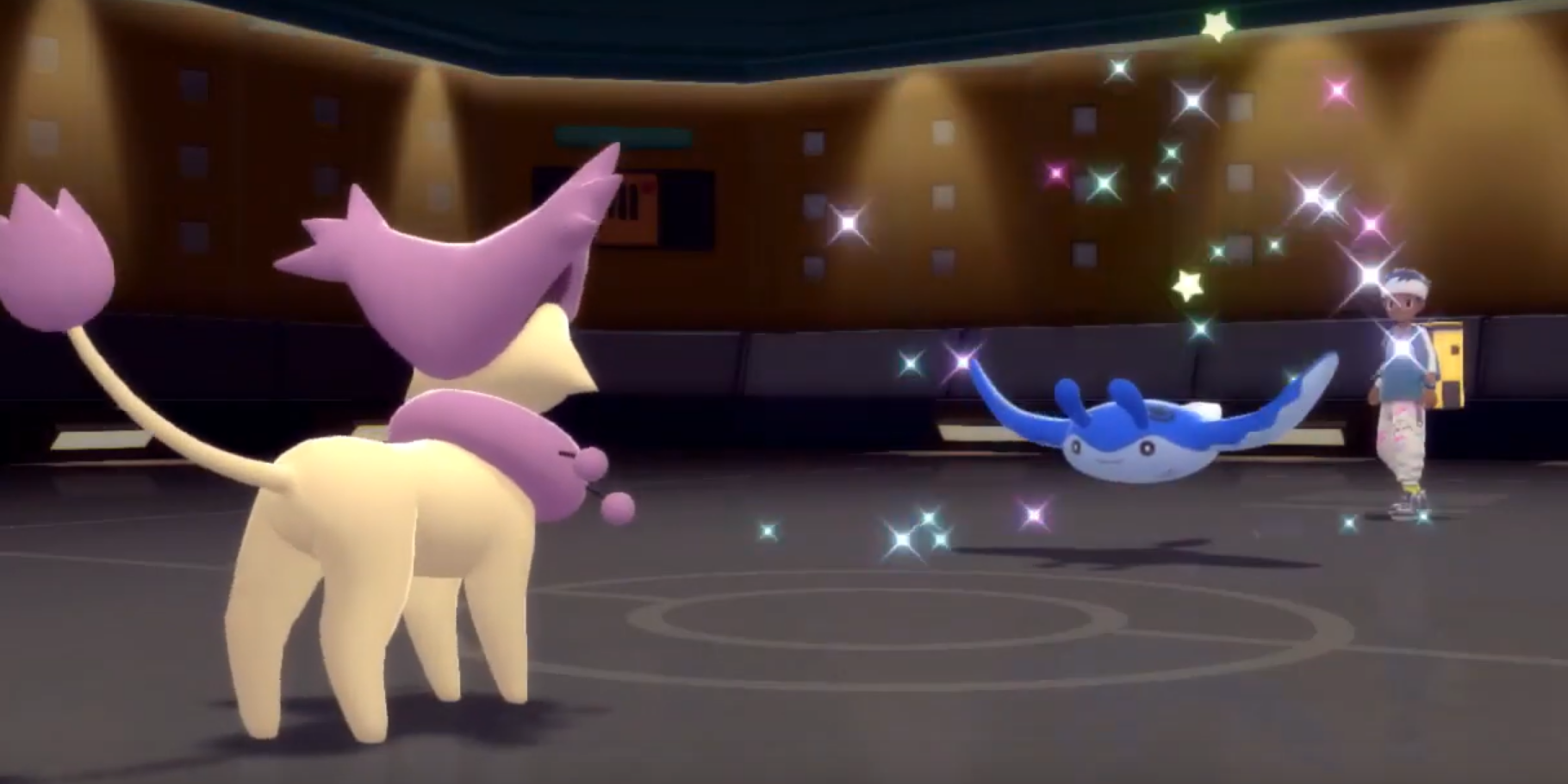 A Delcatty battles a Mantine in Pokemon Brilliant Diamond & Shining Pearl's multiplayer.