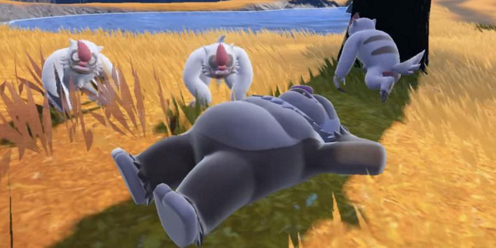 A Slaking relaxes with three Vigoroth nearby in Pokemon Scarlet & Violet.