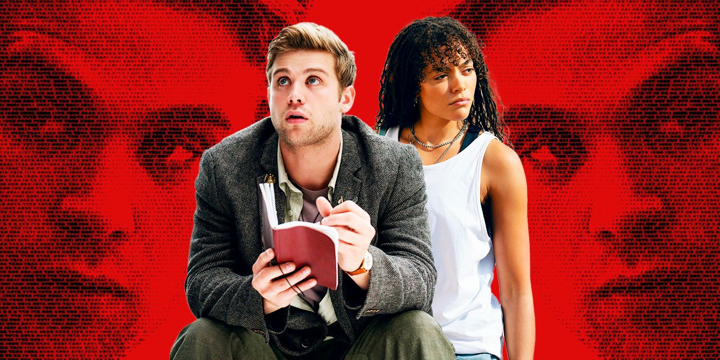 Edward reading a notebook next to Taylah in a white tank top in front of Prime Target TV show poster