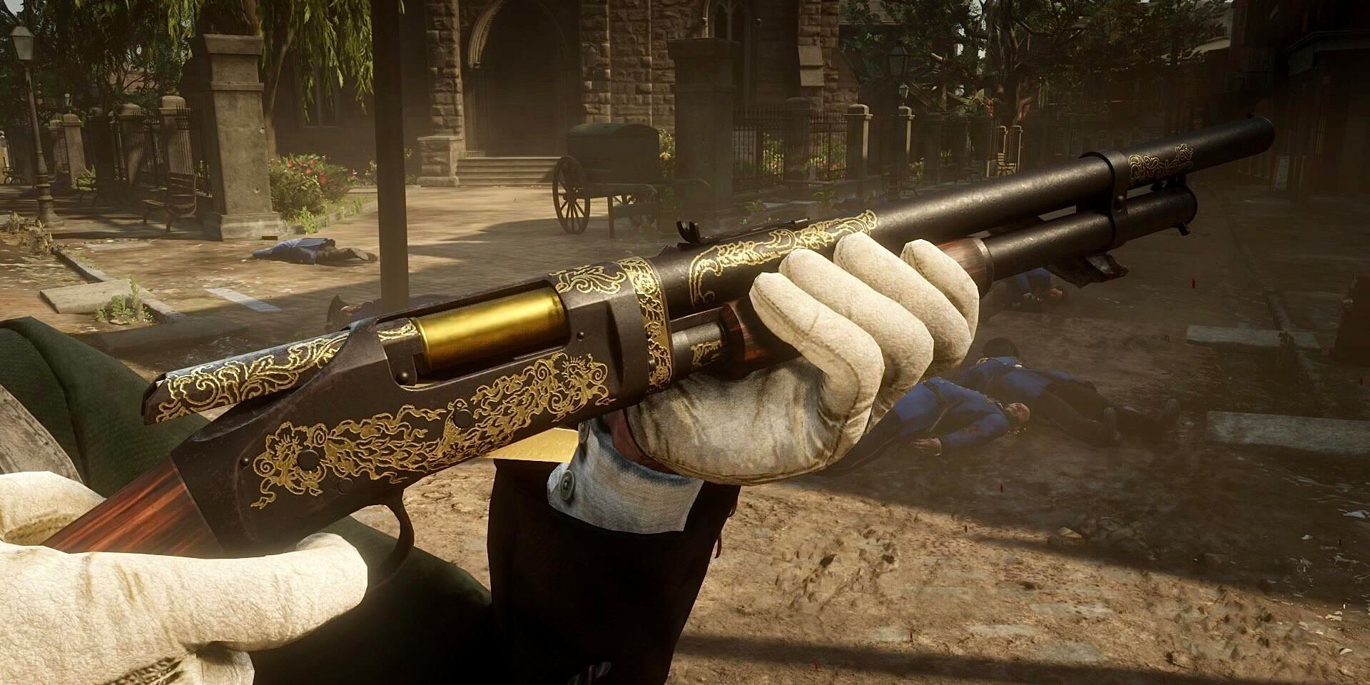 Arthur segurando uma espingarda Pump-Action com desenho dourado em Red Dead Redemption 2