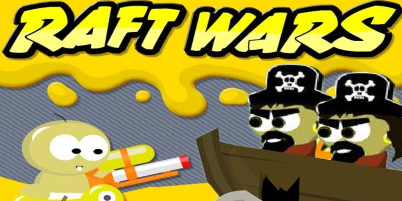 O cartão de título de Raft Wars mostra um bebê apontando um super absorvente para dois piratas.