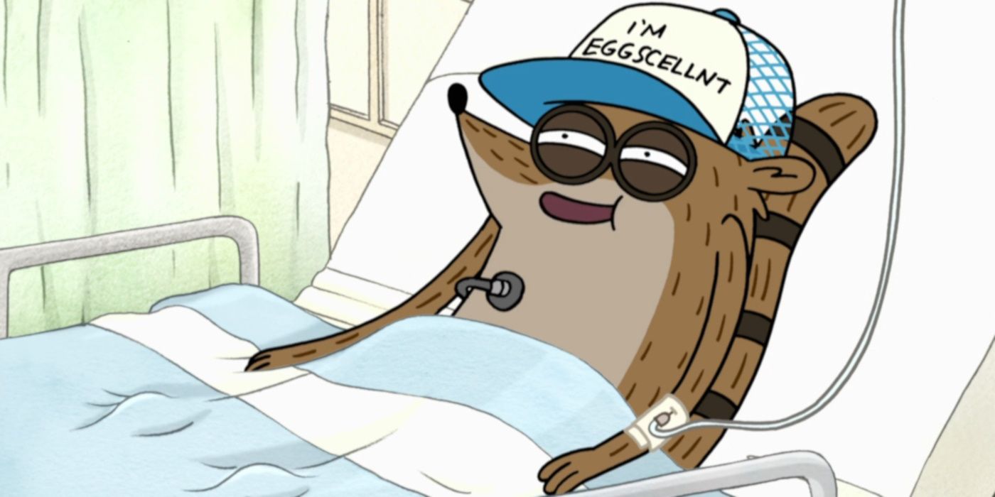 Rigby, düzenli bir gösteride dev bir omlet yedikten sonra hastanede.