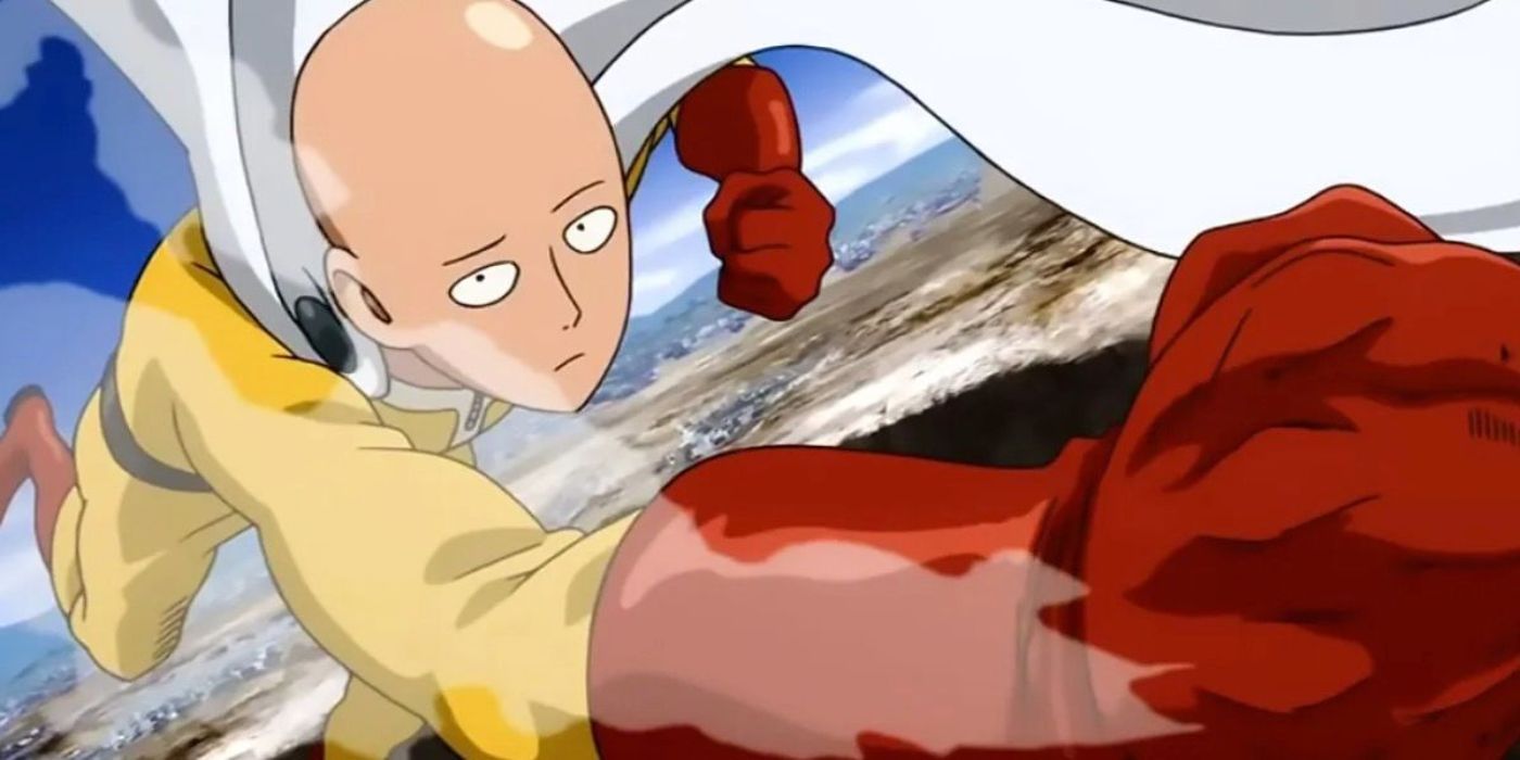 Saitama voa e desfere um soco normal enquanto parece entediado em One Punch Man.