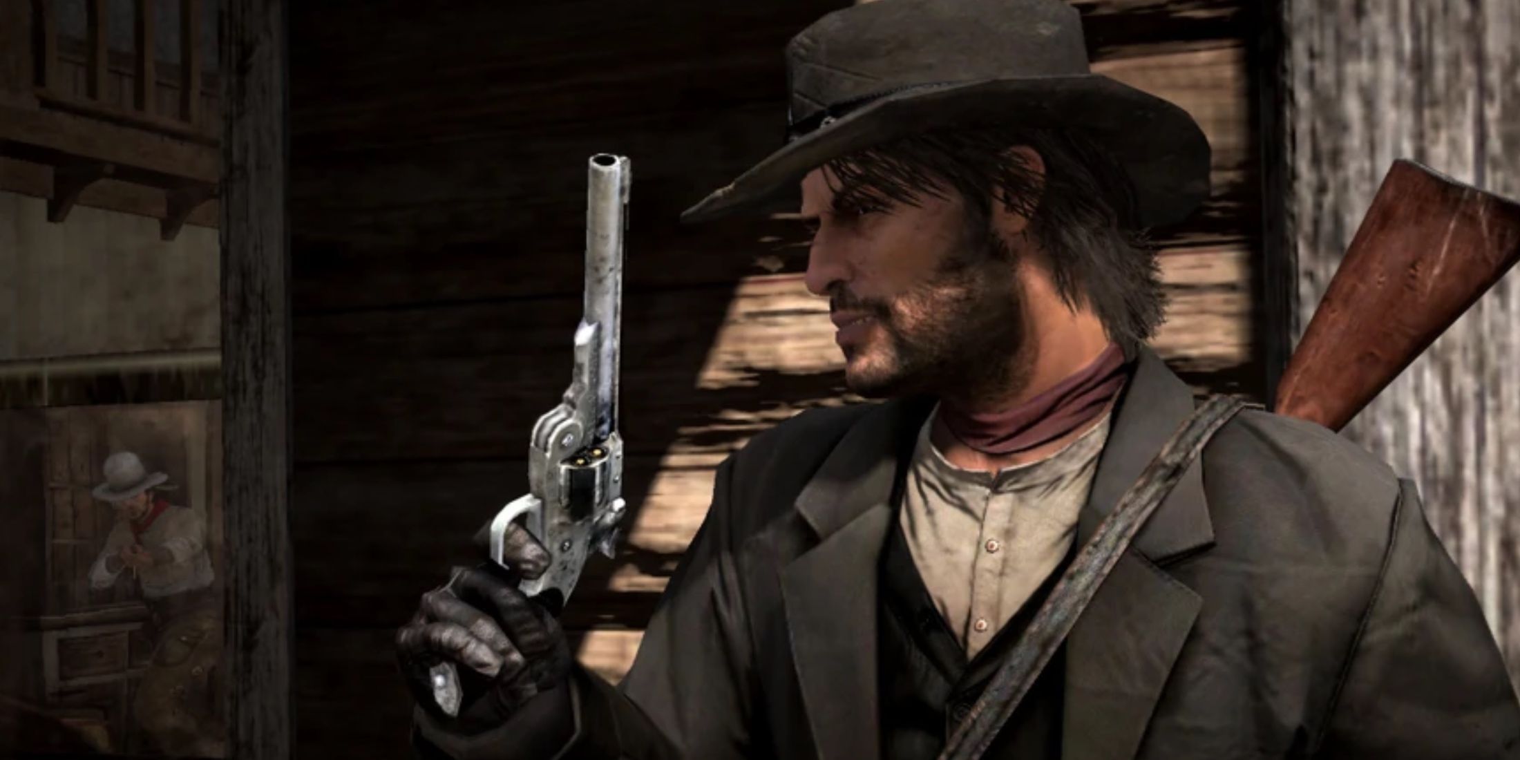 John Marston se protegendo ao lado de uma porta enquanto segura um revólver Schofield em Red Dead Redemption