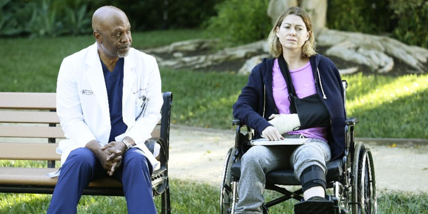 Dr. Webber sits outside with Meredith as she recovers from her injuries in Grey's Anatomy.