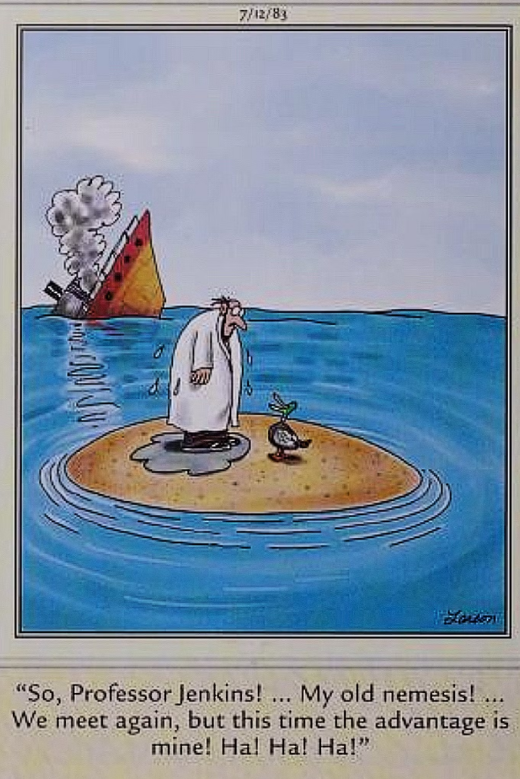 A man in a lab coat and a duck face one another on a small island in The Far Side.