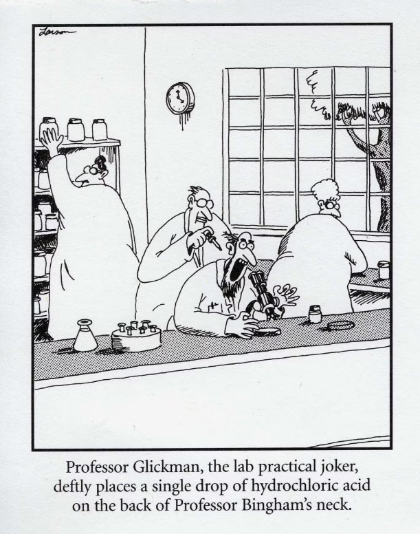 Um cientista grita diante de um microscópio enquanto outro está atrás dele com um conta-gotas de ácido em The Far Side.