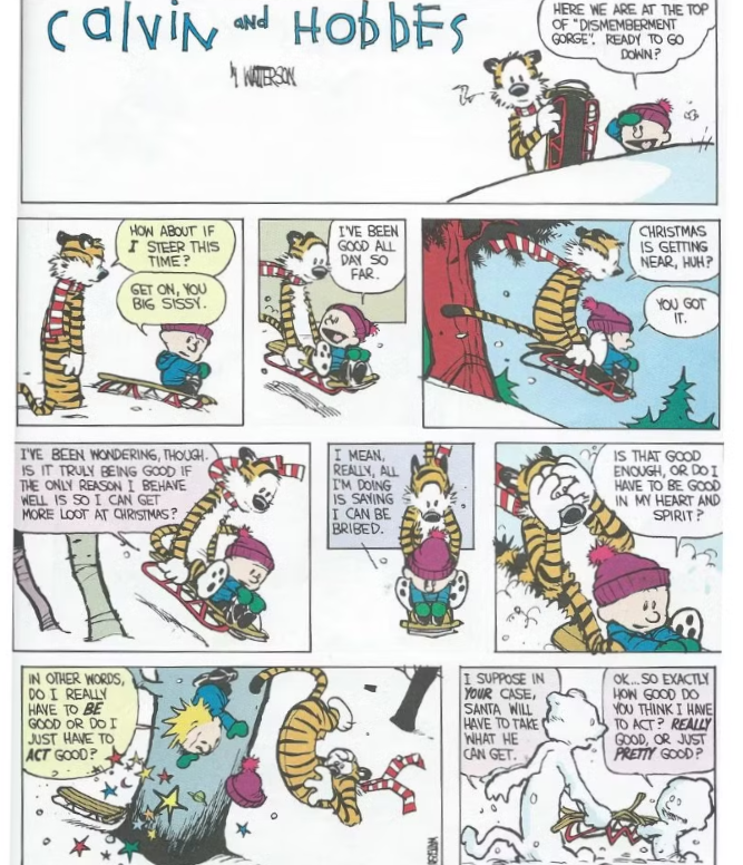 Calvin e Hobbes desceram de trenó pelo Dismemberment Gorge e conversaram sobre ser bons.