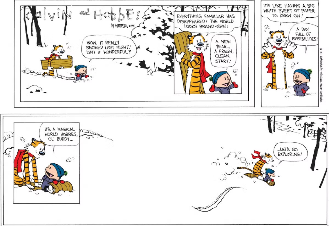 Calvin y Hobbes van en trineo por el bosque en Calvin y Hobbes.