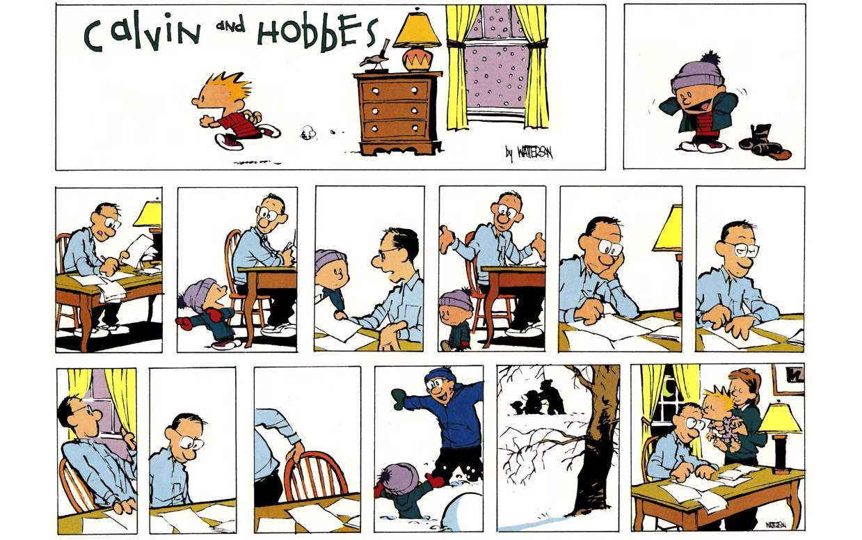 El padre de Calvin elige jugar con Calvin en lugar de trabajar en Calvin y Hobbes.