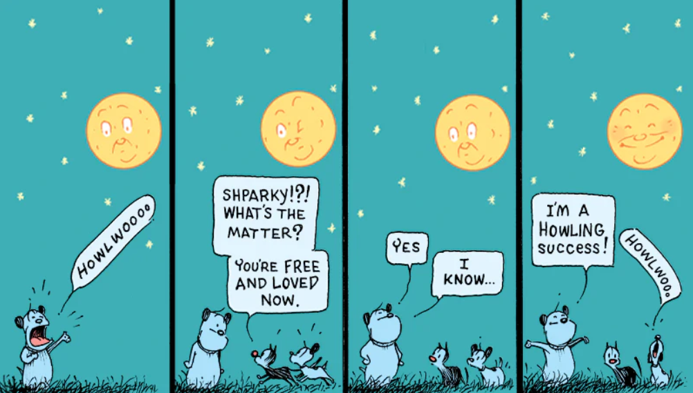 Mooch e Earl conversam com Sparky, que uiva para a lua em Mutts.