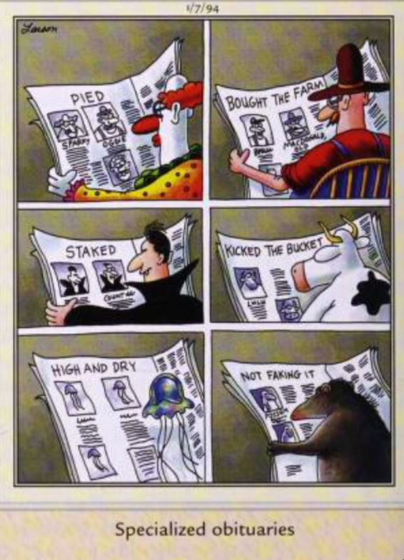 Diferentes personagens leem diferentes eufemismos para a morte em The Far Side.