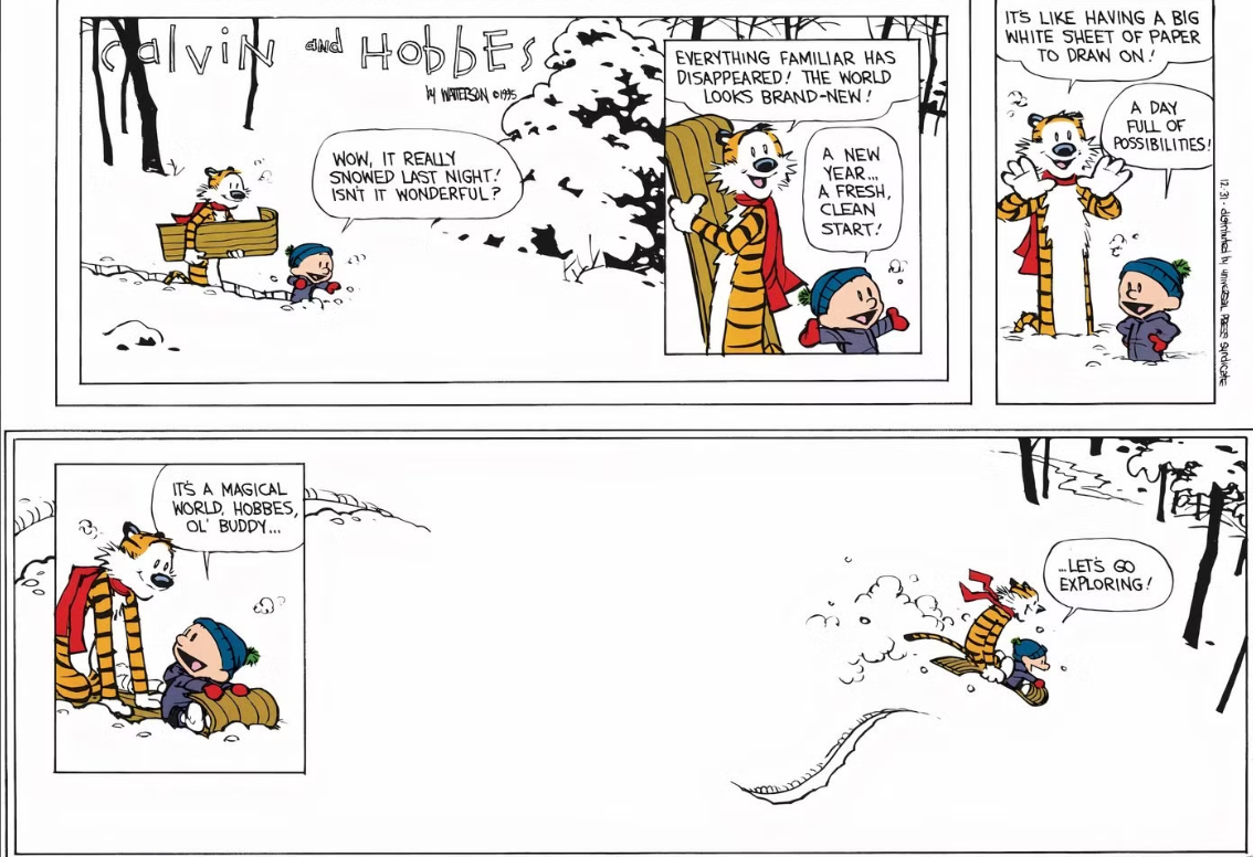 Calvin e Hobbes vão explorar uma última vez.