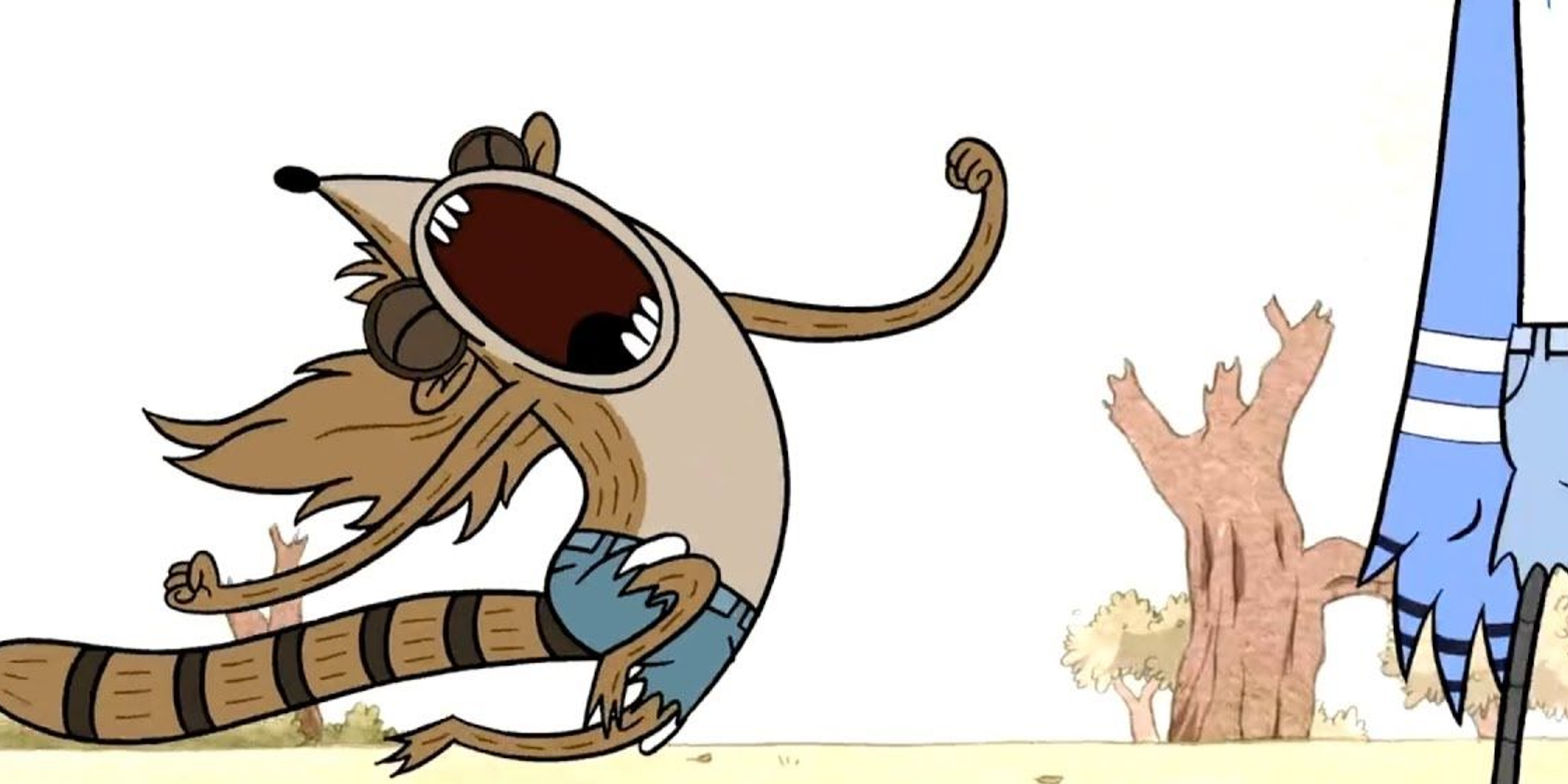 Rigby, düzenli şovda yumruğuyla Mordecai'ye çığlık atıyor.