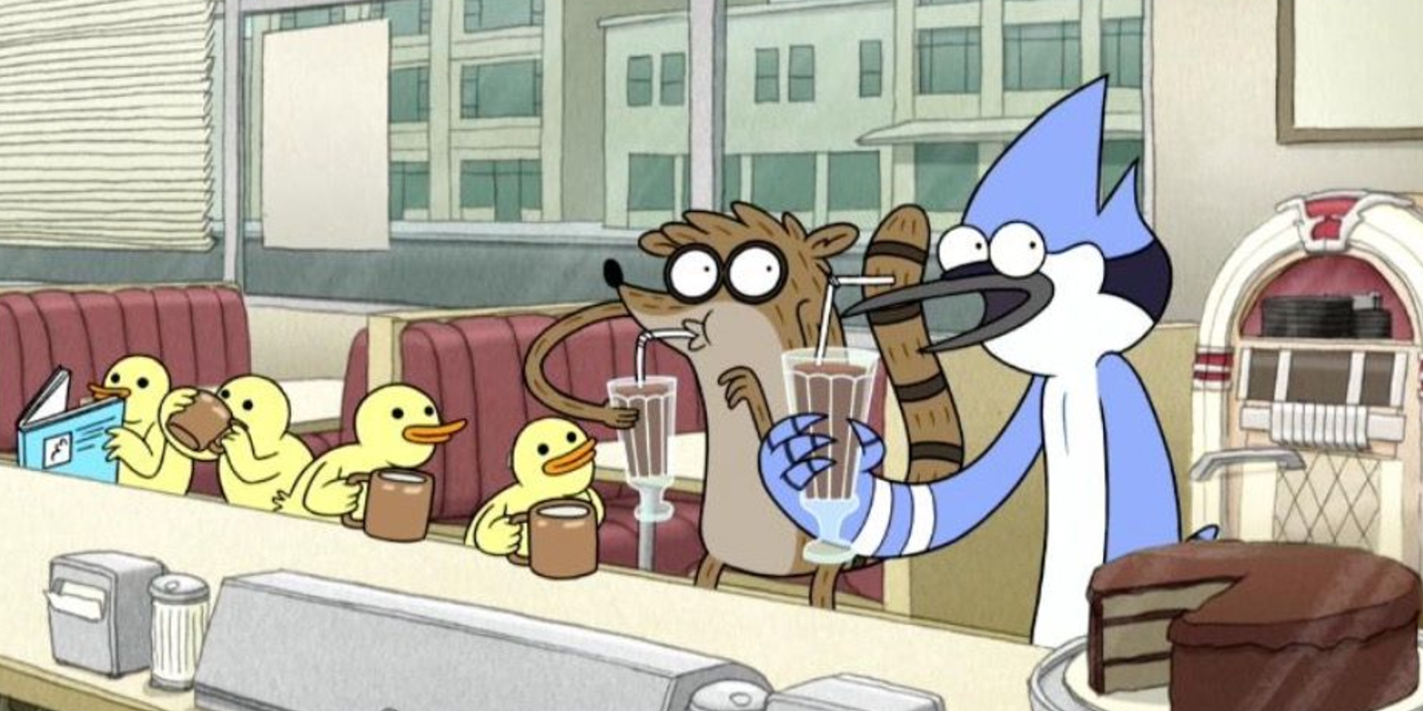Mordecai and Rigby eat in a diner with the ducklings in Regular Show.