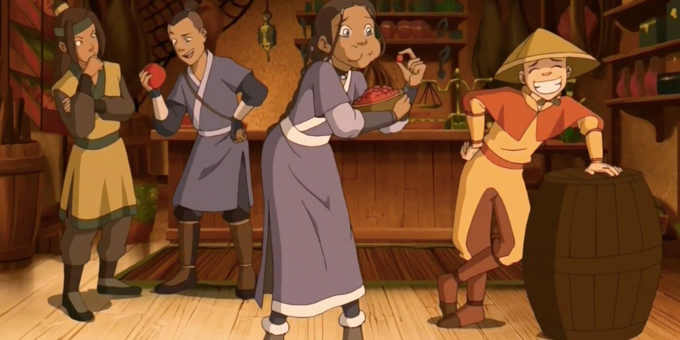 Haru, Sokka, Katara e Aang tentando falsificar suas identidades