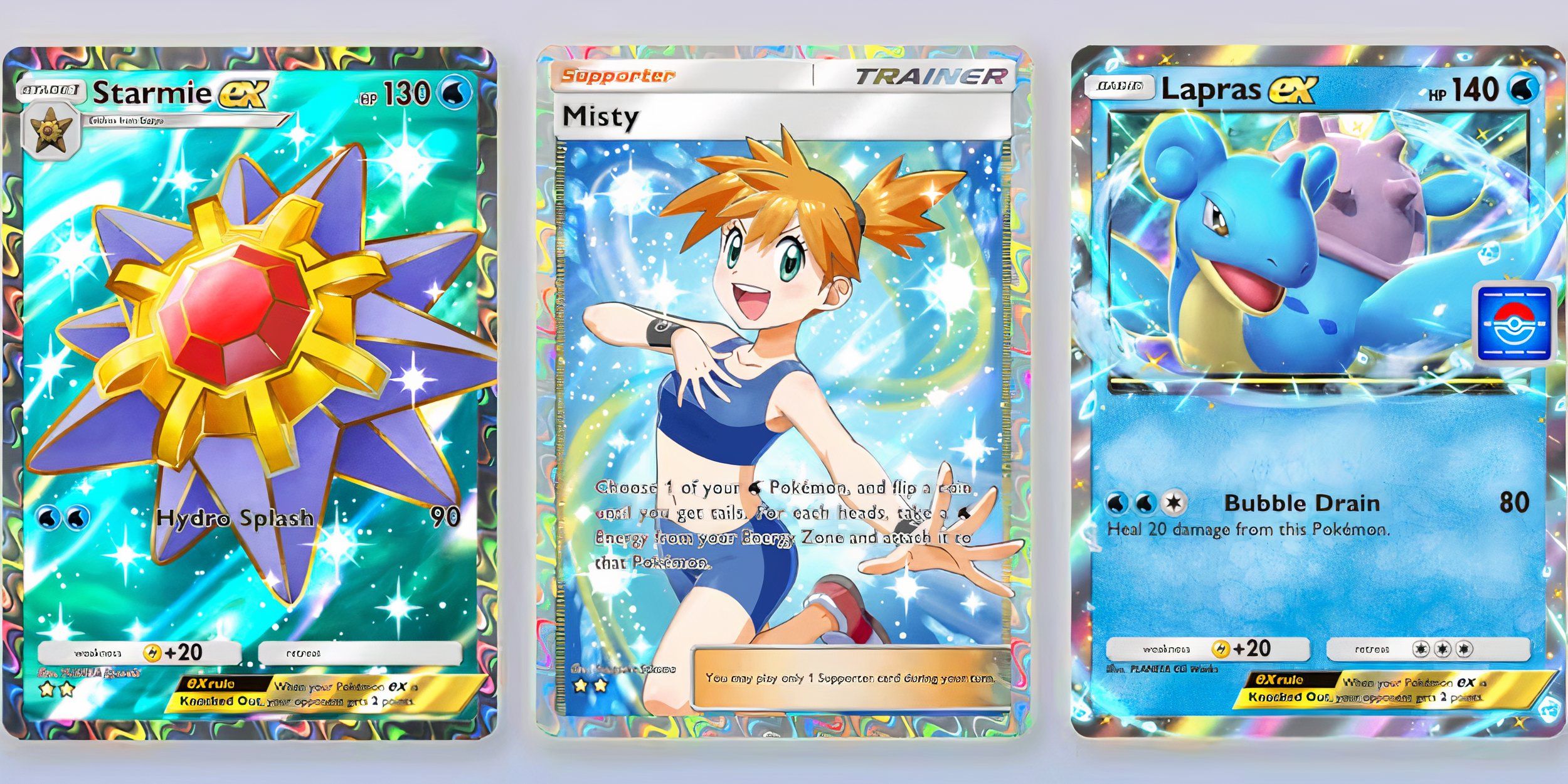 O cartão Misty Trainer cercado pelo ex de Starmie e ex de Lapras 