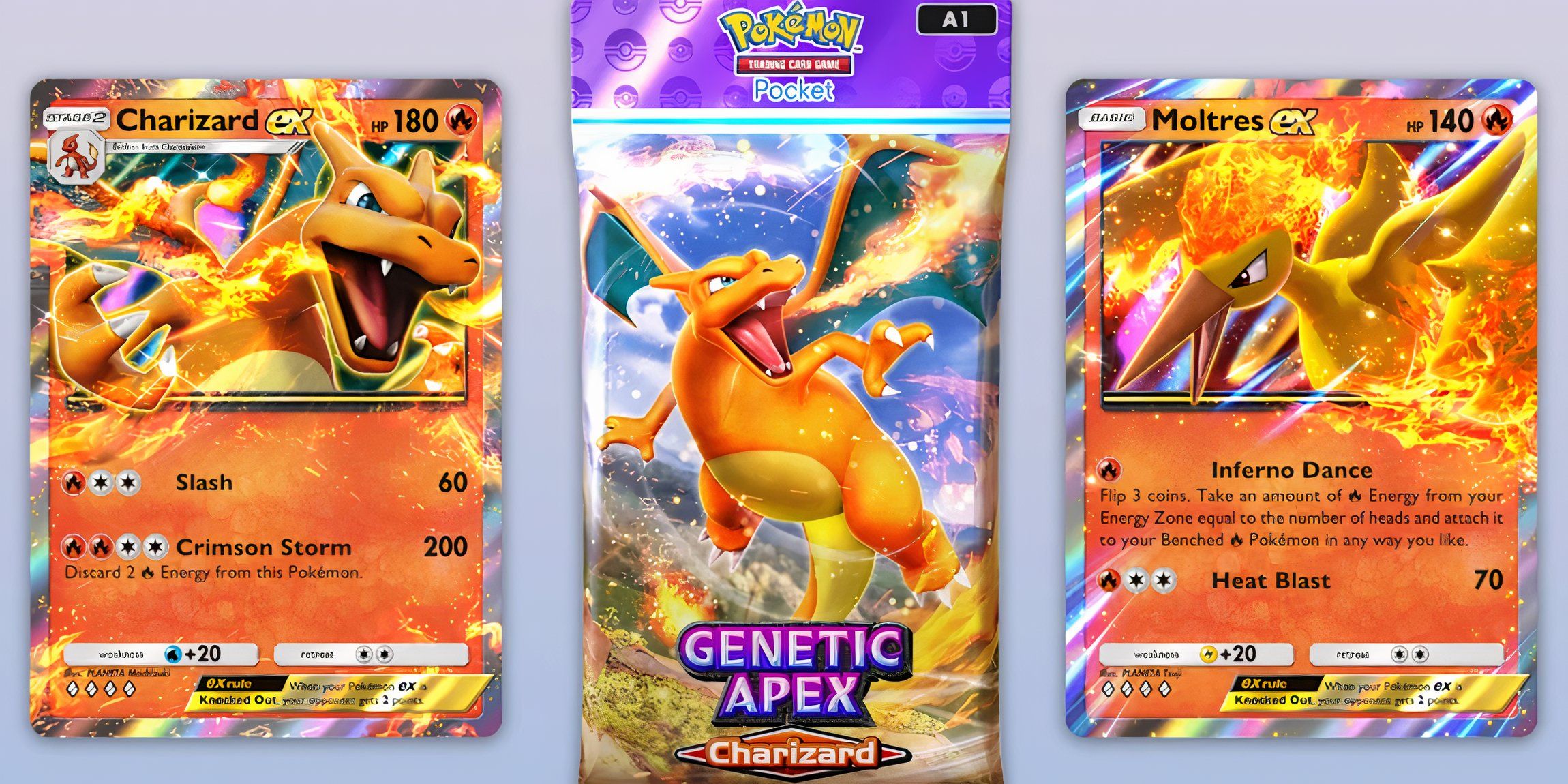 Ex de Charizard e ex de Moltres sentados ao lado do Genetic Apex Charizard Pack