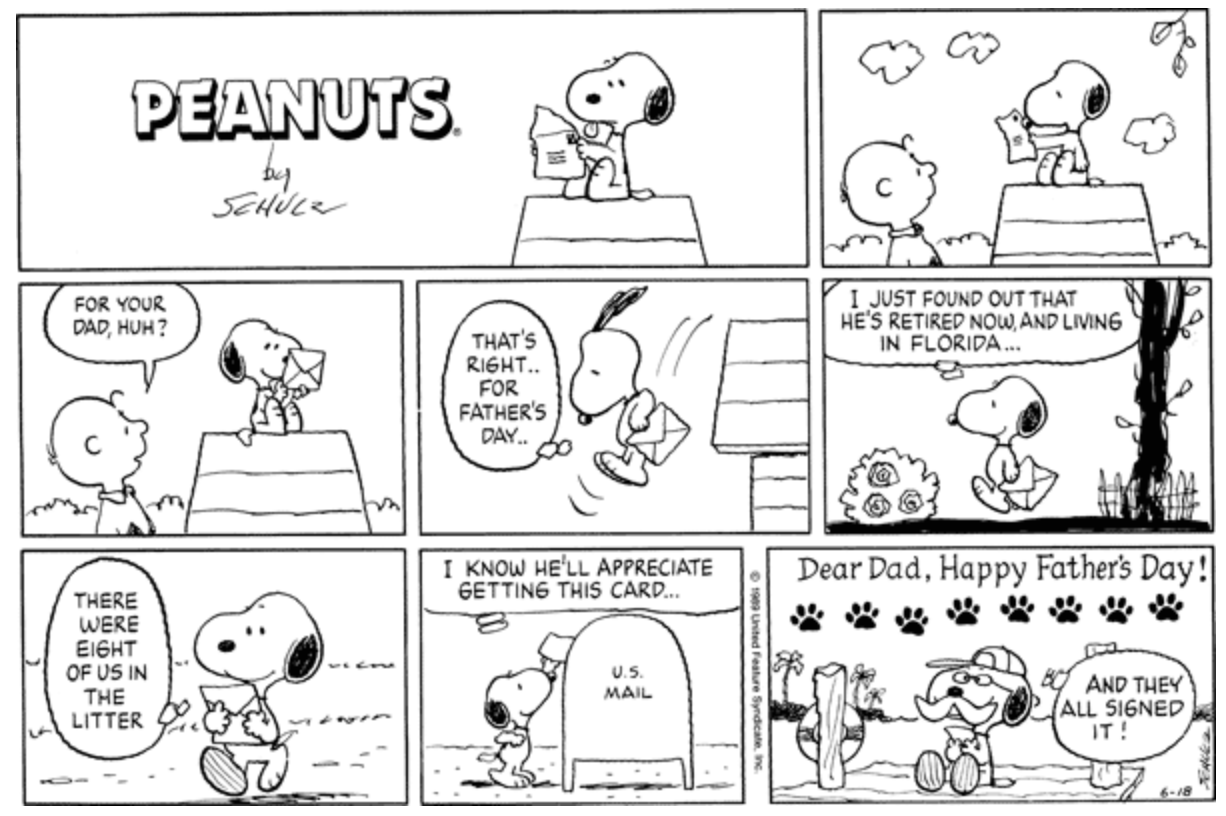 Snoopy envia uma carta para seu pai