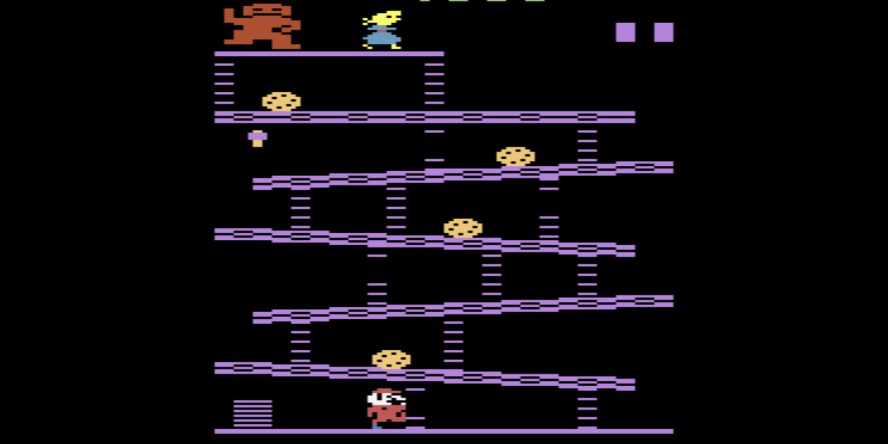 Mario enfrenta barris rolantes e um gorila para salvar a princesa em Donkey Kong.