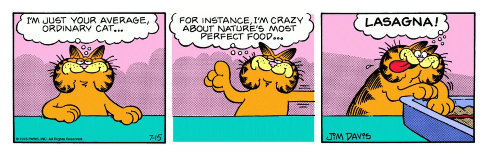 Garfield declara seu amor pela lasanha nesta história em quadrinhos.