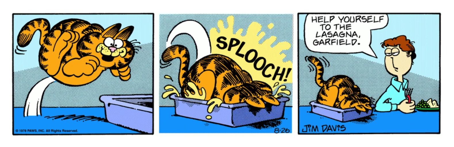 Garfield mergulha de cabeça nesta panela de lasanha dos quadrinhos de Garfield.