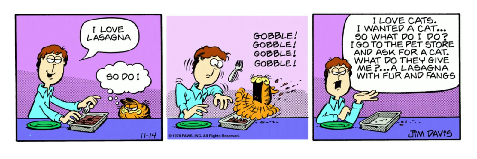 Jon Arbuckle fica bravo com Garfield por comer sua lasanha nesta história em quadrinhos de Garfield.