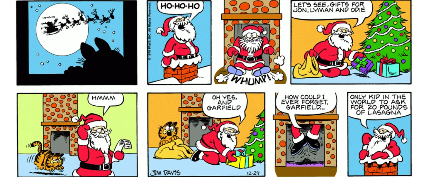 Papai Noel traz lasanha de Garfield nesta história em quadrinhos.