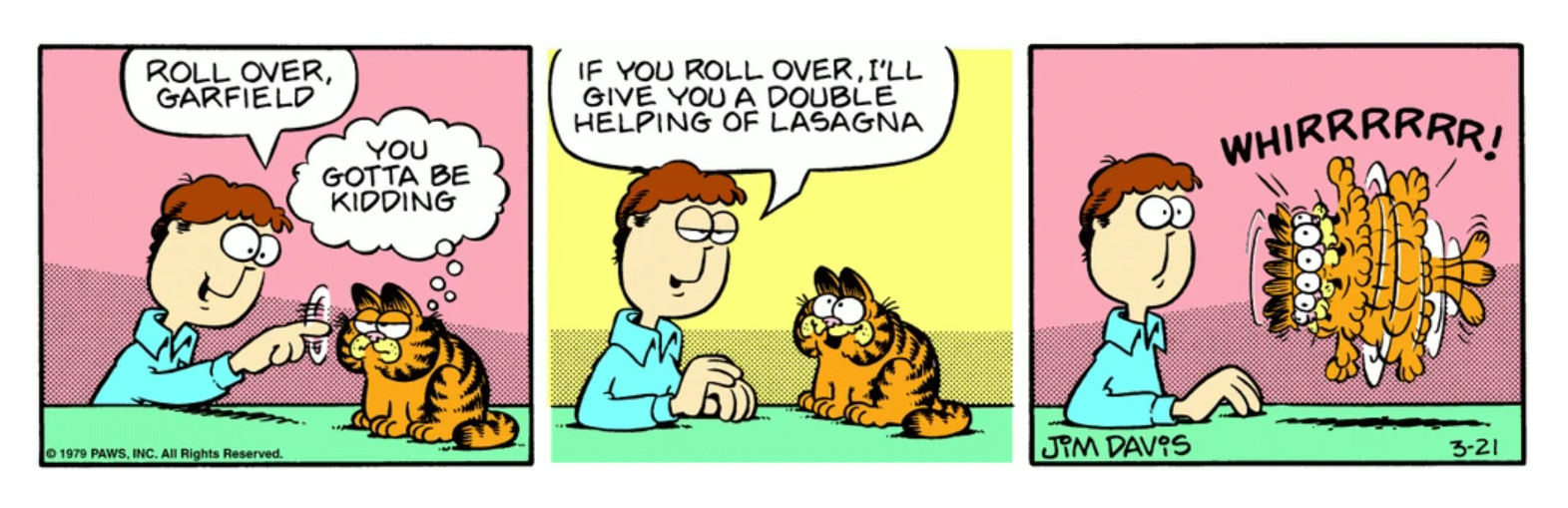 Garfield faz truques para lasanha nesta história em quadrinhos.