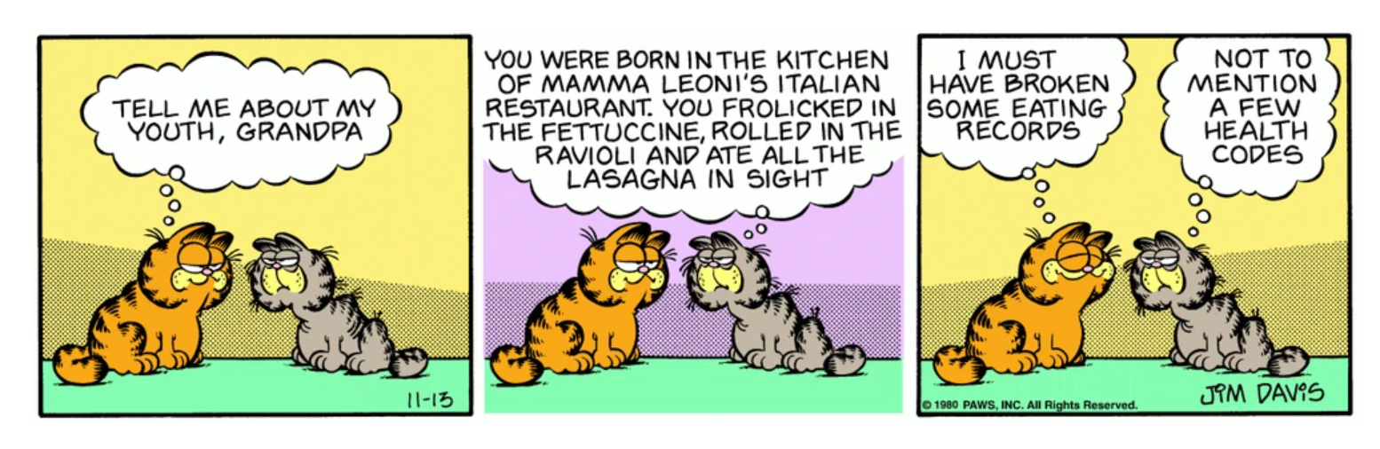 O avô de Garfield conta a ele sobre seu amor por lasanha.