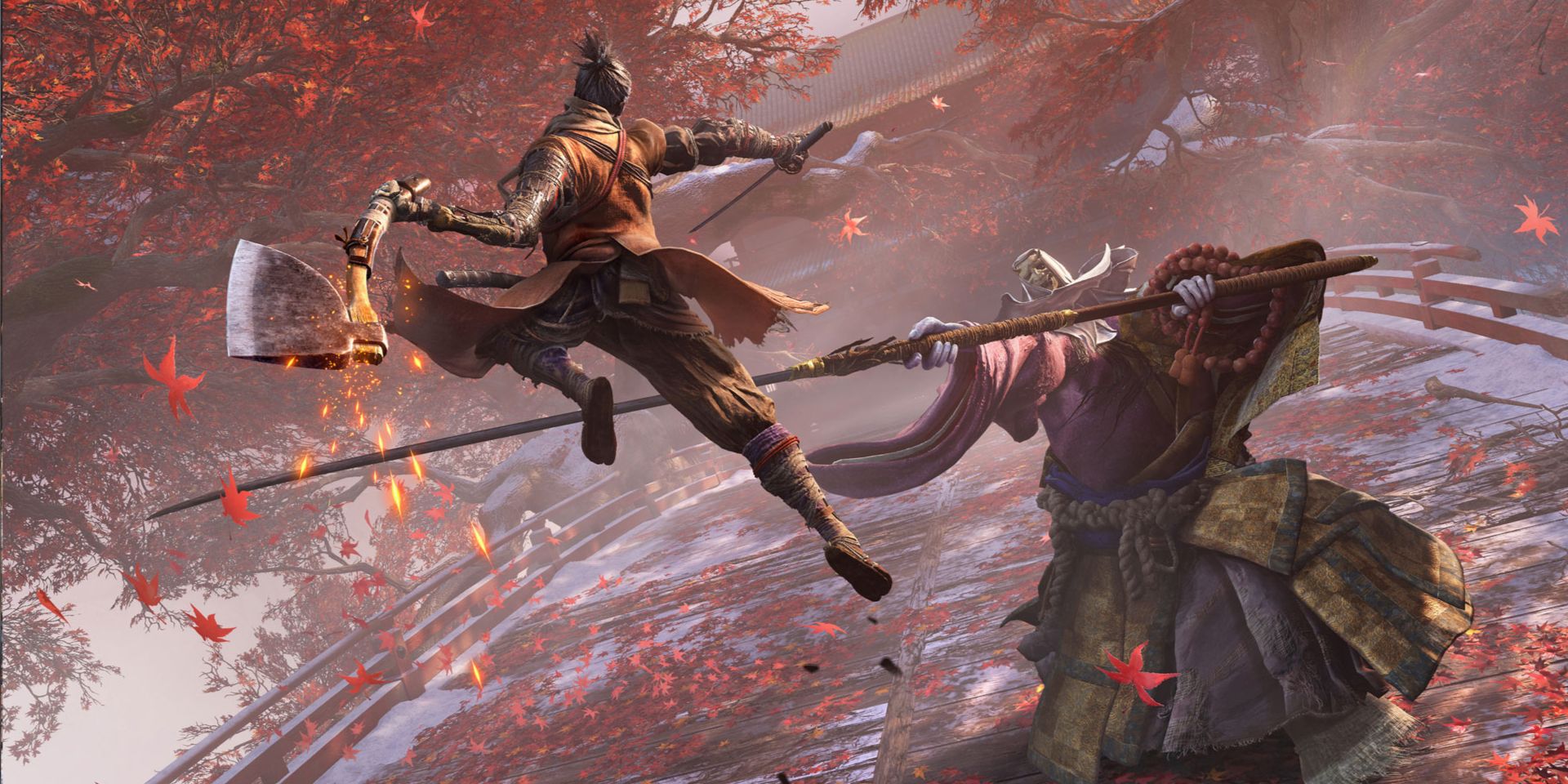 Sekiro lança um ataque especial contra o chefe Corrupted Monk