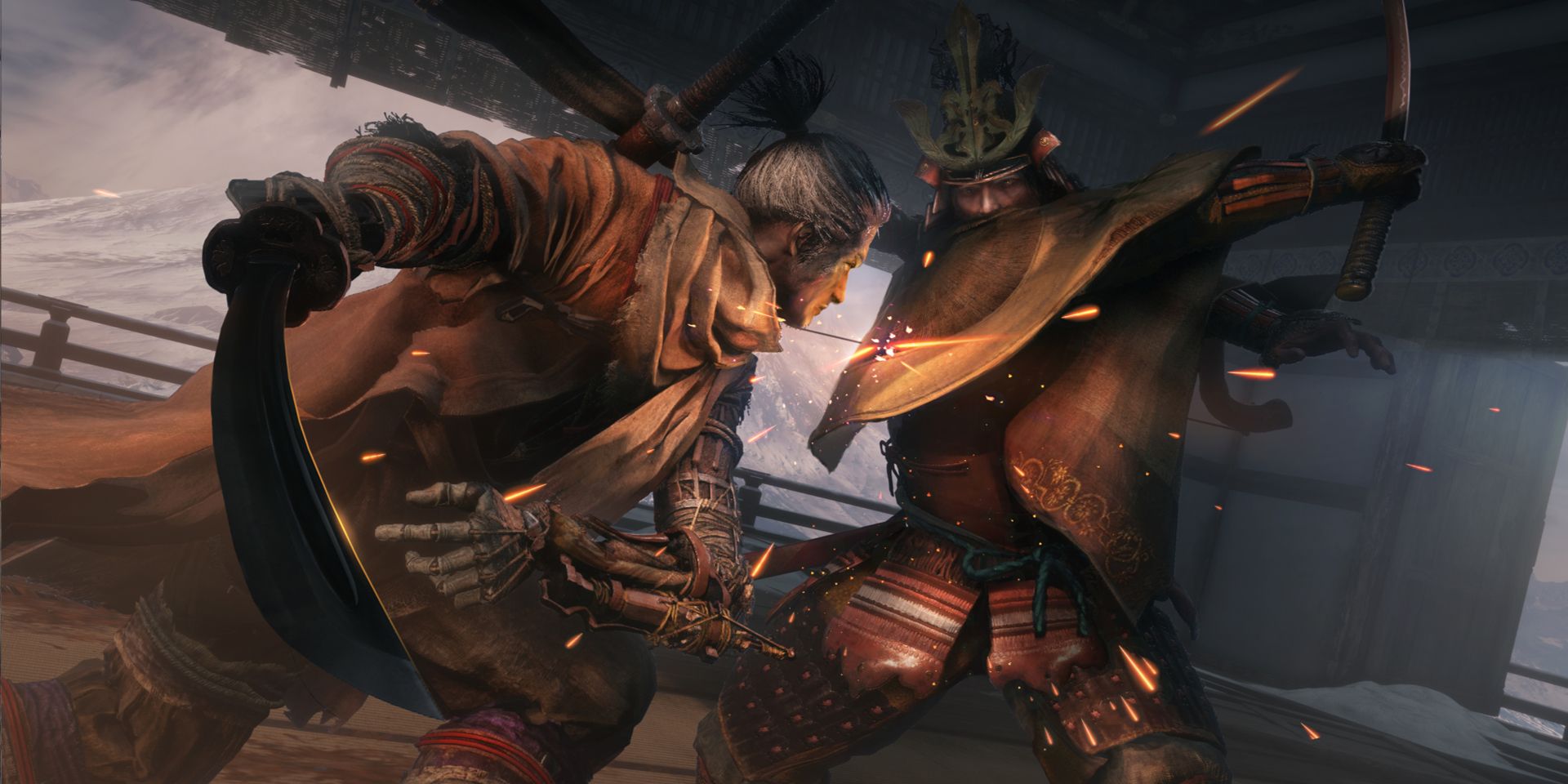 Sekiro luta contra seu rival, Genichiro em Sekiro: as sombras morrem duas vezes.