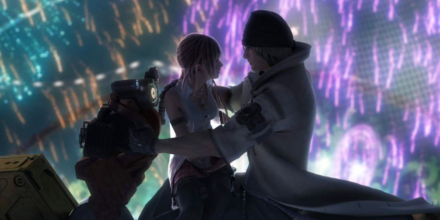 Snow Villiers y Serah Farron observan románticamente los fuegos artificiales juntos en Final Fantasy XIII