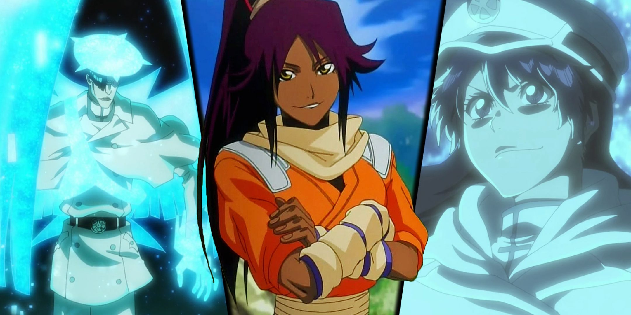 Split image of Yoruichi Shihoin with Sternritters from Bleach TYBW