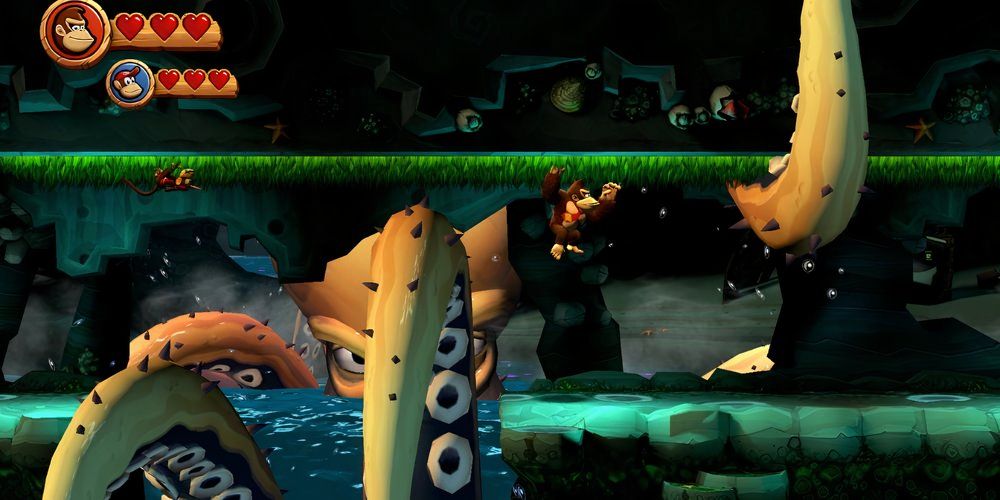 Squiddicus ataca Donkey Kong em Donkey Kong Country Returns HD