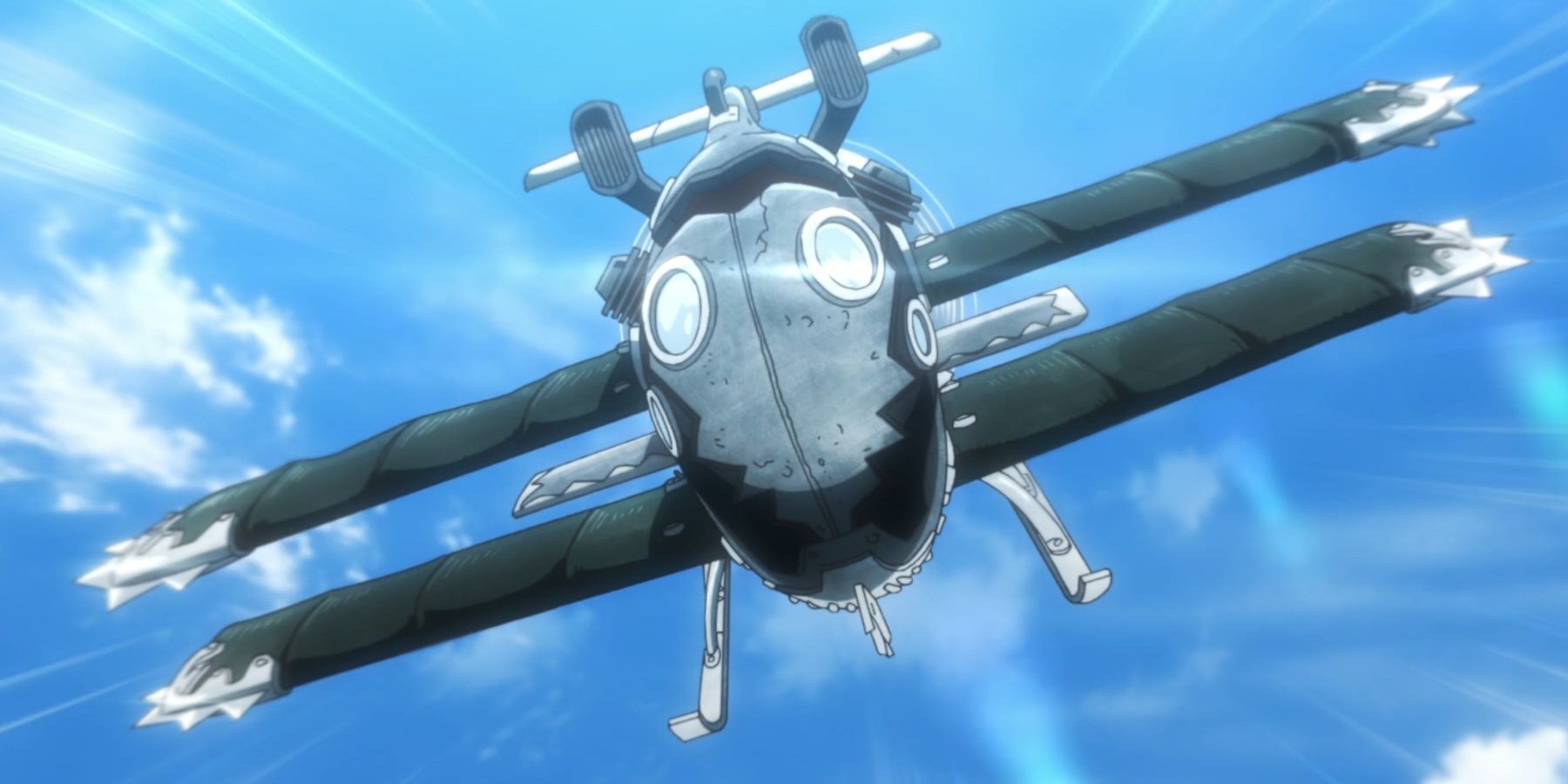 O avião prateado de Stanley Snider voa através de um céu azul com algumas nuvens no anime Dr. Stone