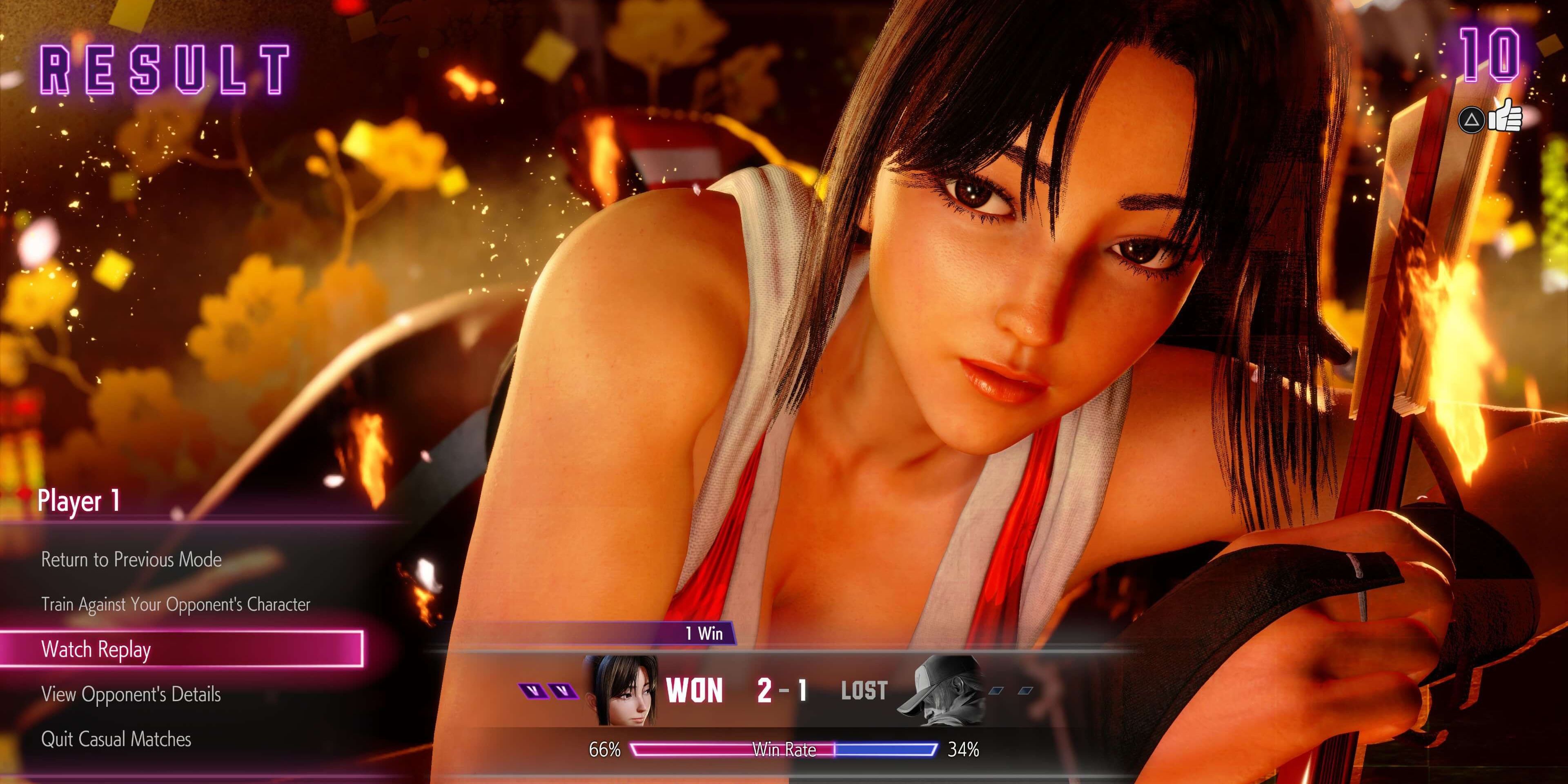 Tela de vitória de Mai Shiranui em Street Fighter 6, que também destaca o novo "Assista Replay" Opção de menu pós-jogo