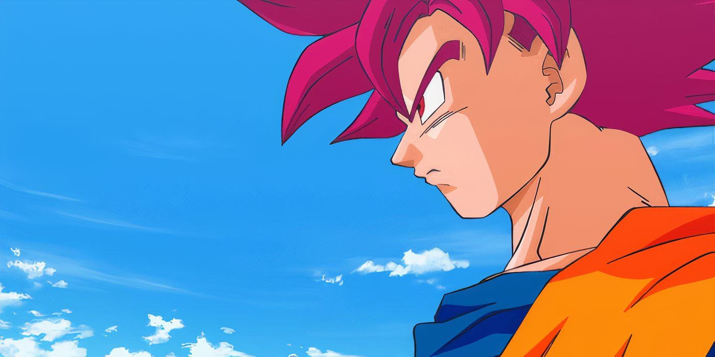 Super Saiyan God Goku watching Beerus in Dragon Ball Z Battle of Gods