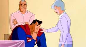 Superman in costume sitting forlorn at a table as Martha touches his shoulder and Jonathan Kent stands in the background from Superman the Animated Series