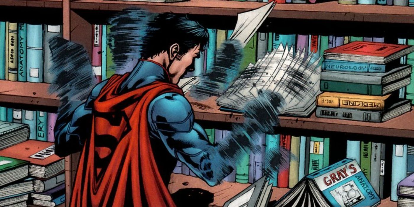 Superman lendo livros em velocidade sobre-humana.