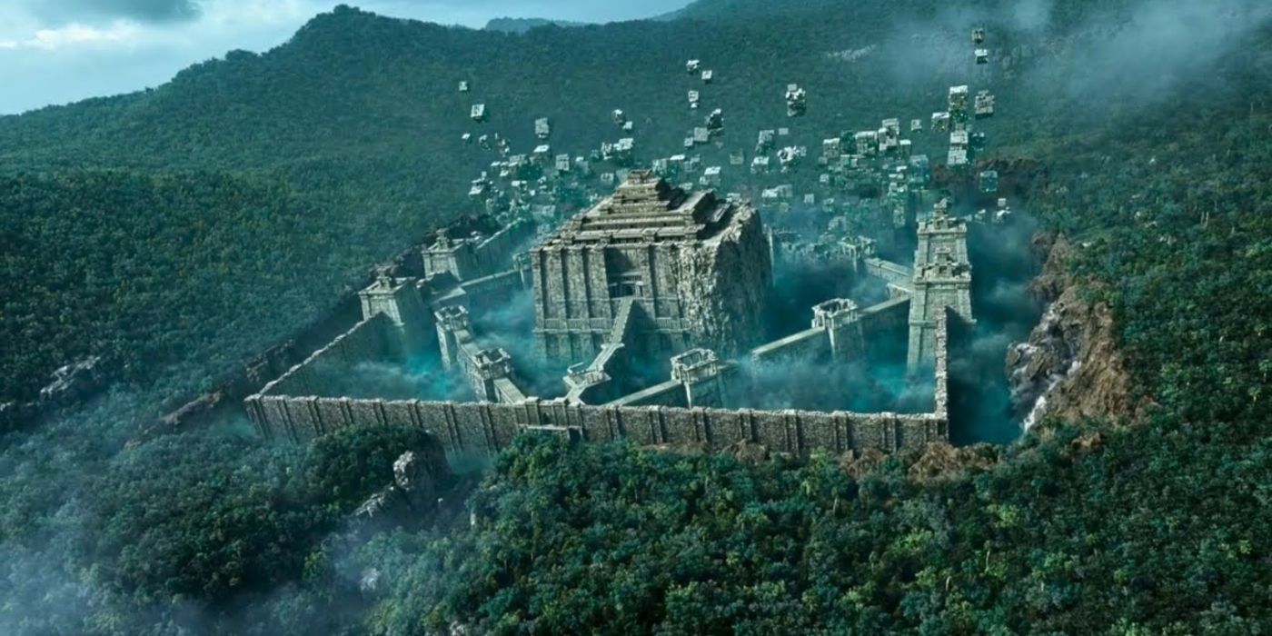 Uma imagem aérea do Templo dos Antigos localizado no meio de uma floresta em Final Fantasy VII Rebirth