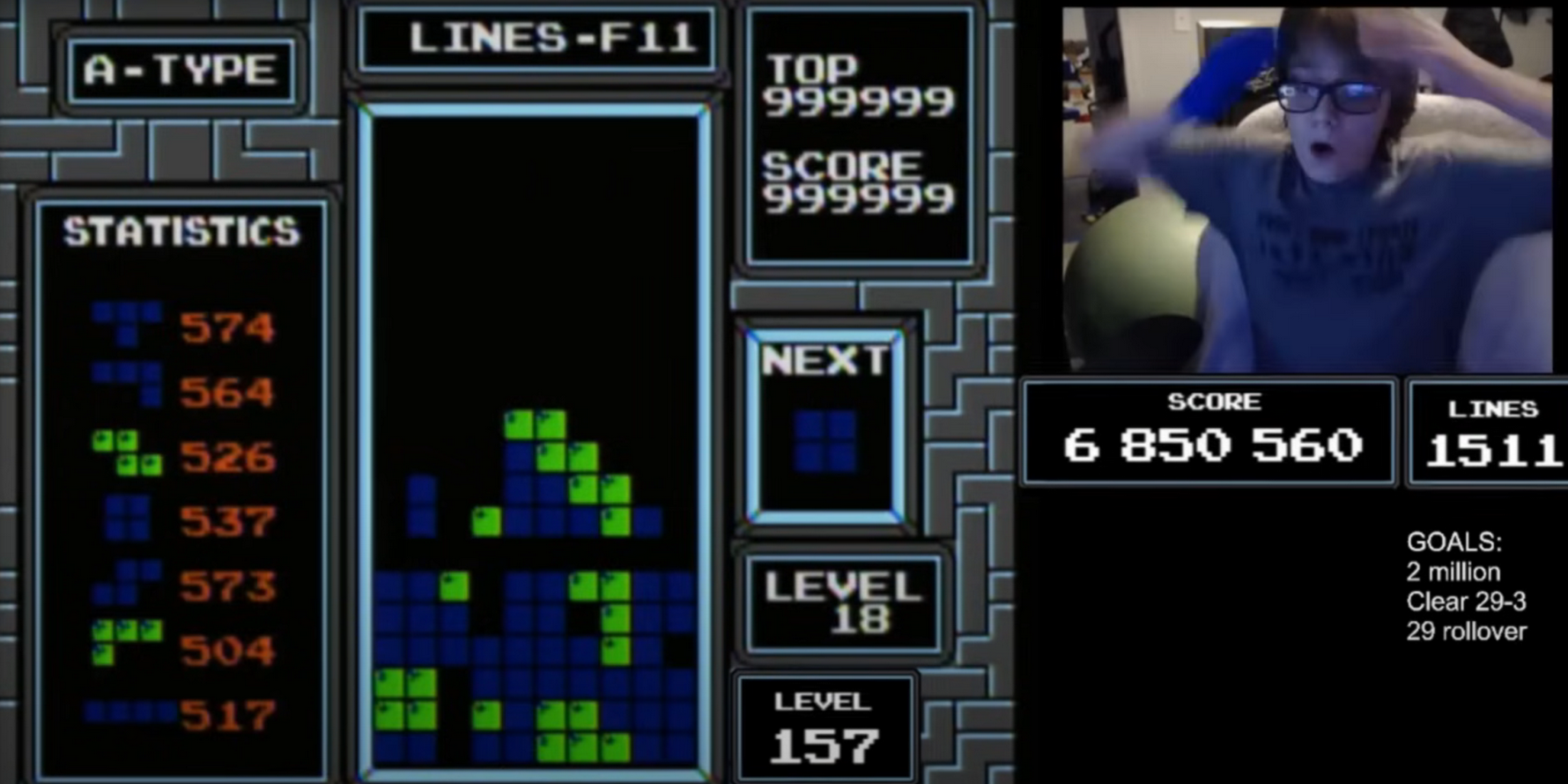 O jogador de Tetris "Blue Scuti" se alegra por ser o primeiro jogador a atingir o nível 157.