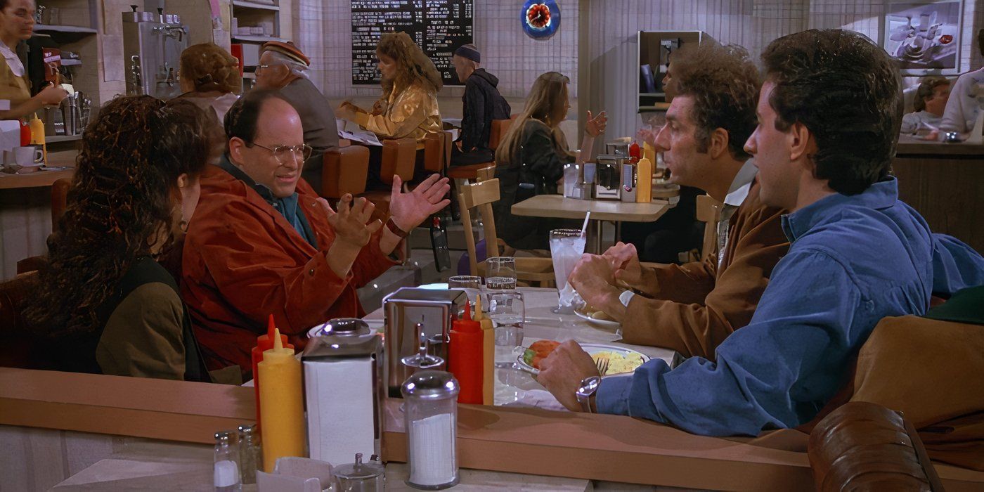 Jerry, Elaine, Kramer e George estão sentados em uma mesa no Monk's Diner em Seinfeld