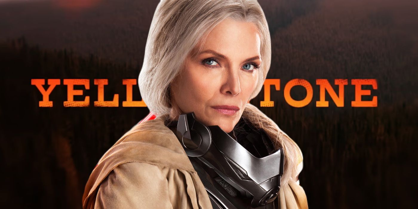 Michelle Pfeiffer in front of a logo for Yellowstone