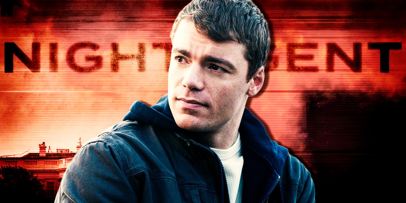 Actor Gabriel Basso wearing a blue hoodie as Peter in front of Netflix's The Night Agent logo