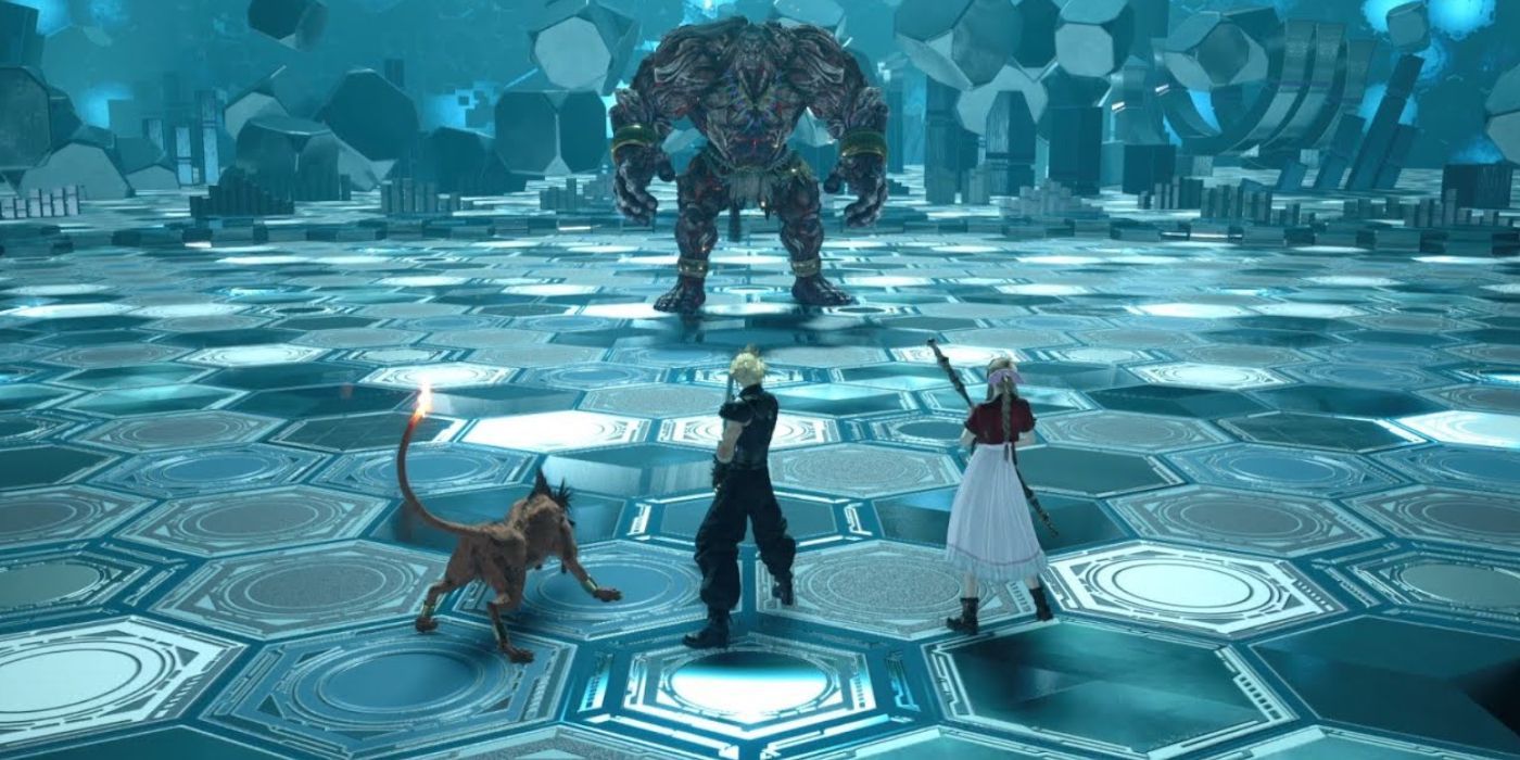 Red XIII, Cloud e Aerith enfrentam a invocação de Titã no Simulador de Combate de Chadley em Final Fantasy VII Rebirth