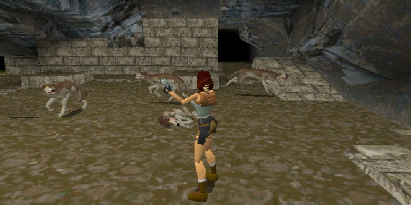 Lara Croft enfrentando uma matilha de lobos no Tomb Raider original.